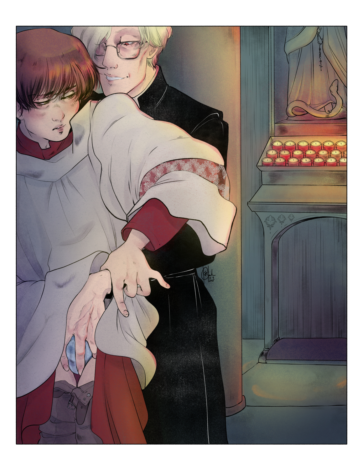 younger male altar server being groped by an older priest in a sickly colored church. both are 18+ please note the server's adam's apple